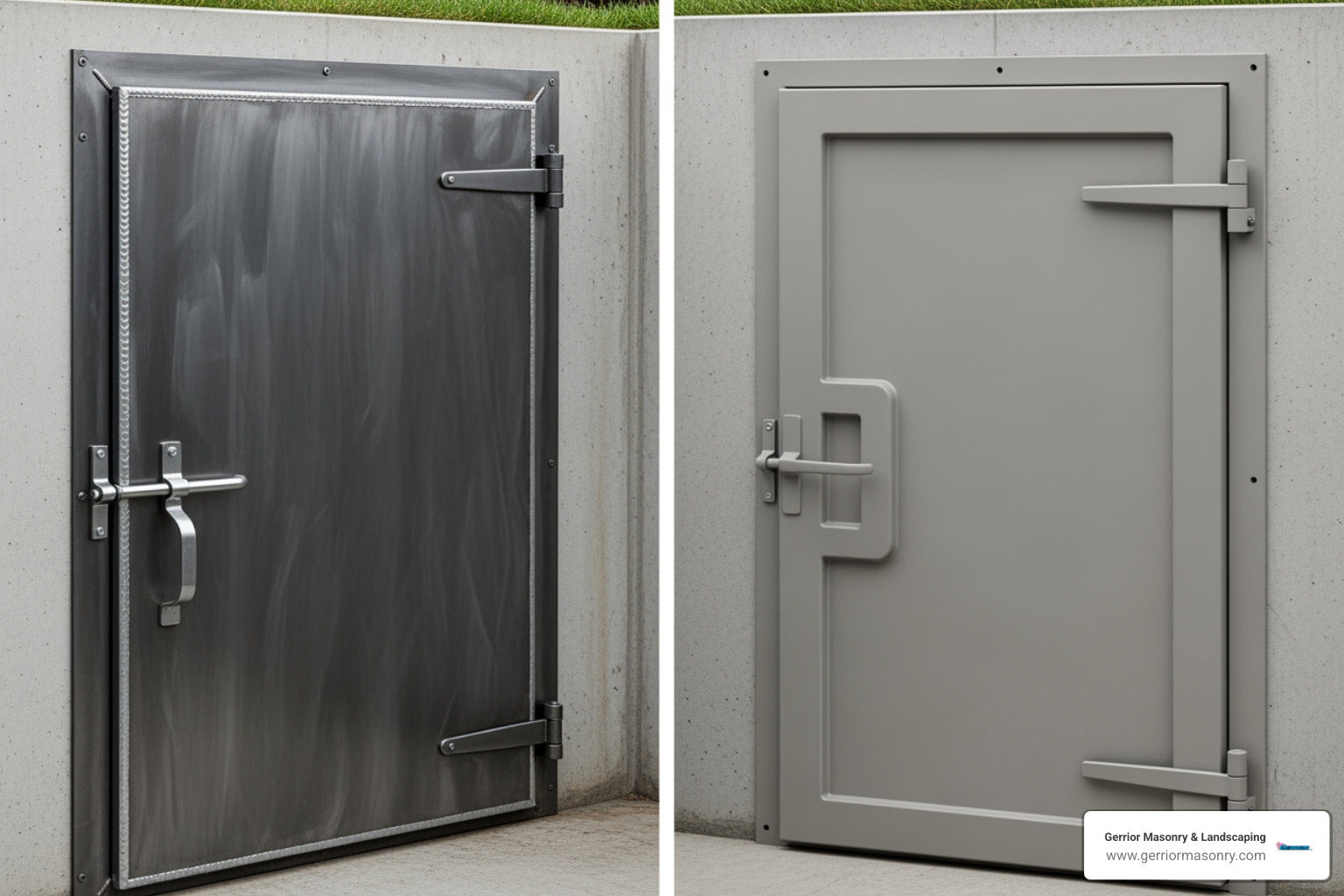 steel and polyethylene cellar door side by side - basement cellar door replacement