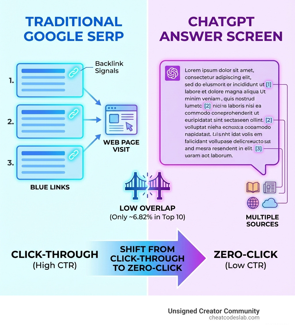Infographic showing the difference between a traditional Google SERP with ranked blue links and backlink signals versus a ChatGPT answer screen displaying a synthesized conversational response with inline citations from multiple sources, highlighting low overlap statistics and the shift from click-through to zero-click search behavior - ChatGPT and Google SEO infographic 