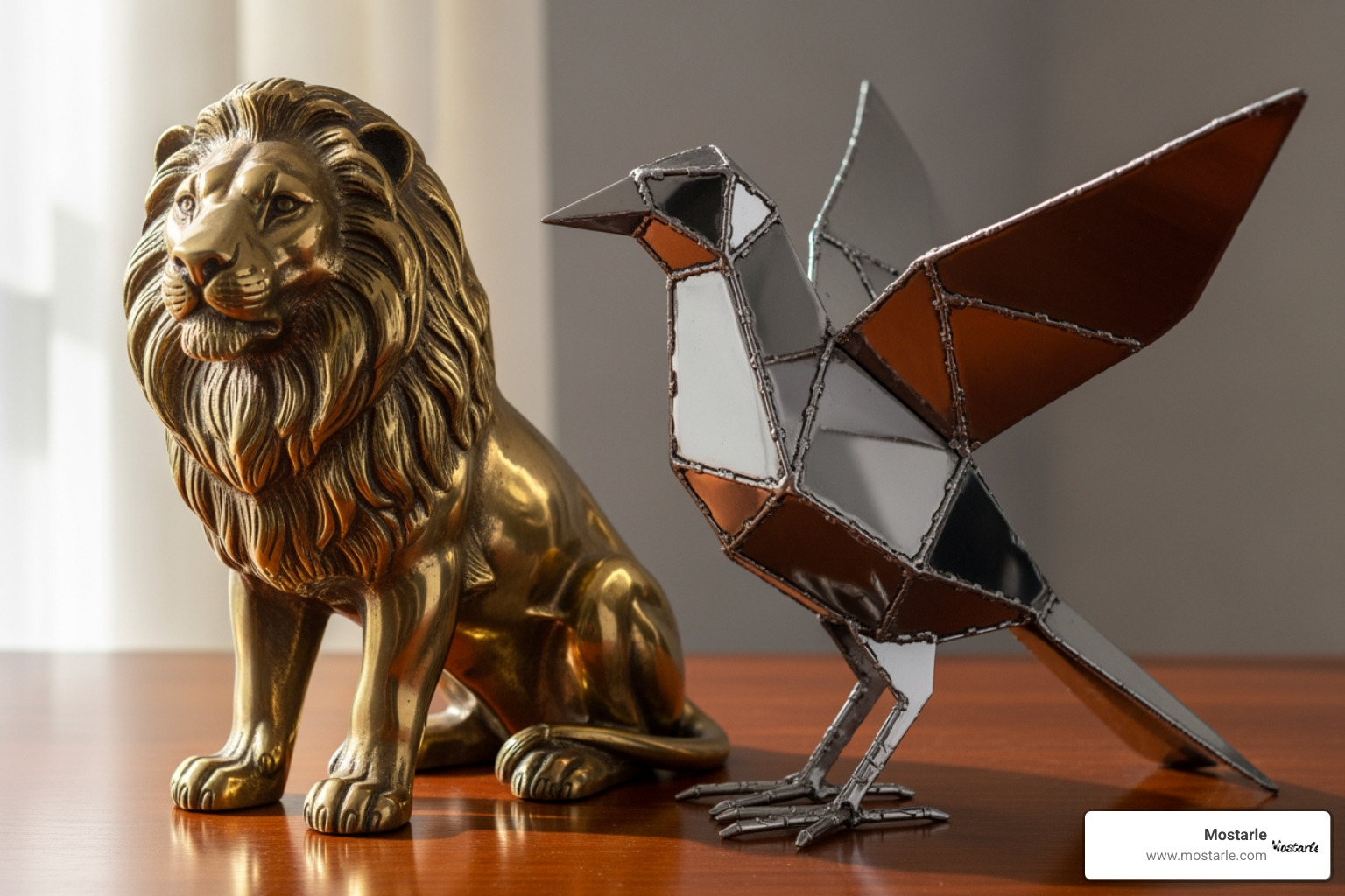 realistic brass lion figurine next to an abstract steel bird sculpture - Miniature metal animals