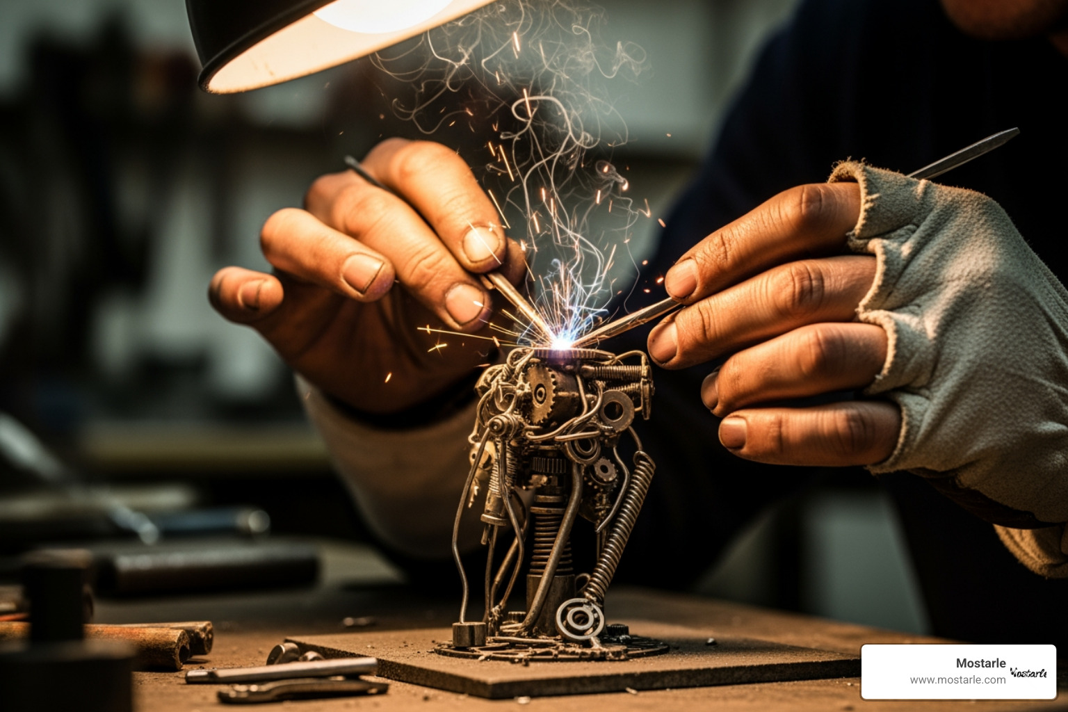 artist welding or assembling a small metal sculpture - Miniature metal animals