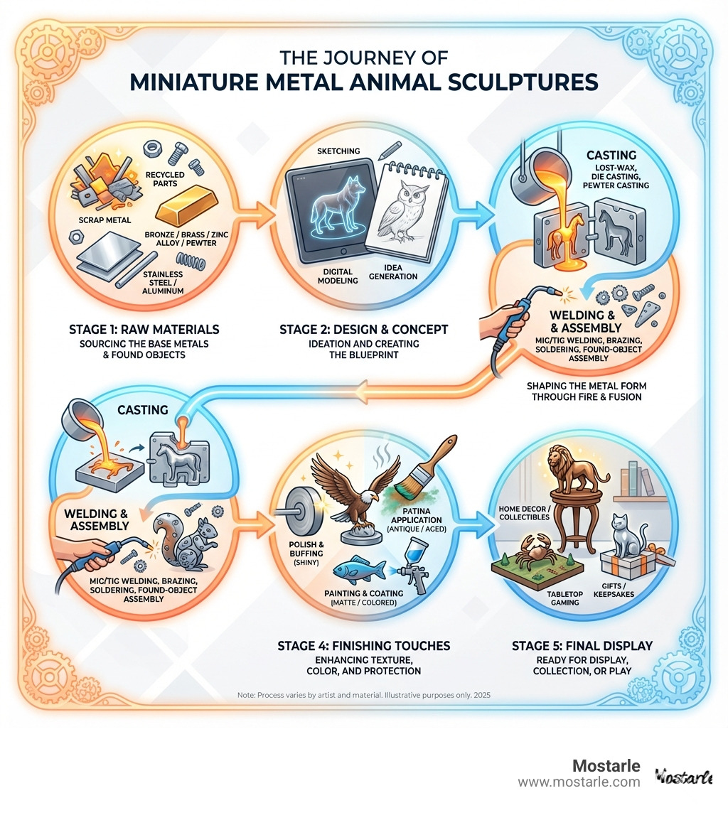 detailed infographic showing the journey of creating miniature metal animal sculptures from raw metal materials through design, fabrication techniques like casting or welding, finishing with patina or polish, to final display as collectibles or decor pieces - Miniature metal animals infographic 