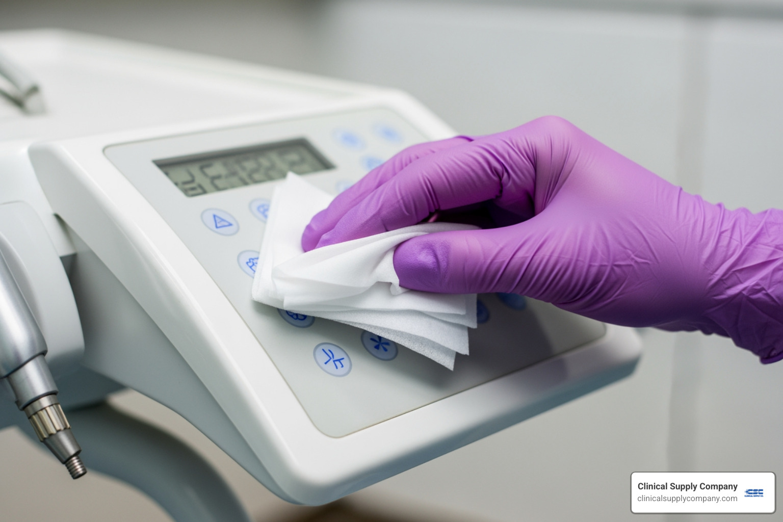 A gloved hand, clearly identifiable as a dental glove, using a bleach wipe on a dental chair control panel, emphasizing sporicidal power and proper technique - surface wipes with bleach