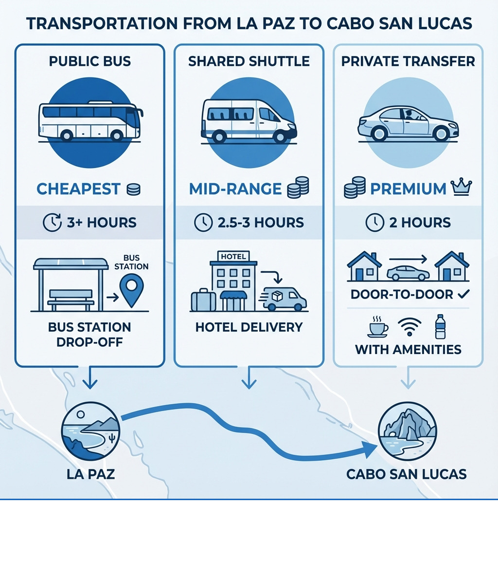 Infographic showing transportation options from La Paz to Cabo San Lucas with three columns: Public Bus (cheapest, 3+ hours, bus station drop-off), Shared Shuttle (mid-range, 2.5-3 hours, hotel delivery), and Private Transfer (premium, 2 hours, door-to-door with amenities) - transportation from la paz to cabo san lucas infographic Infographic showing transportation options from La Paz to Cabo San Lucas with three columns: Public Bus (cheapest, 3+ hours, bus station drop-off), Shared Shuttle (mid-range, 2.5-3 hours, hotel delivery), and Private Transfer (premium, 2 hours, door-to-door with amenities) - transportation from la paz to cabo san lucas infographic