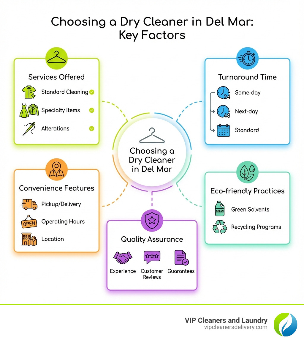 Infographic showing key factors when choosing a dry cleaner in Del Mar: Services offered (standard cleaning, specialty items, alterations), Turnaround time (same-day, next-day, standard), Convenience features (pickup/delivery, operating hours, location), Eco-friendly practices (green solvents, recycling programs), and Quality assurance (experience, customer reviews, guarantees) - Dry Cleaners Del Mar infographic Infographic showing key factors when choosing a dry cleaner in Del Mar: Services offered (standard cleaning, specialty items, alterations), Turnaround time (same-day, next-day, standard), Convenience features (pickup/delivery, operating hours, location), Eco-friendly practices (green solvents, recycling programs), and Quality assurance (experience, customer reviews, guarantees) - Dry Cleaners Del Mar infographic