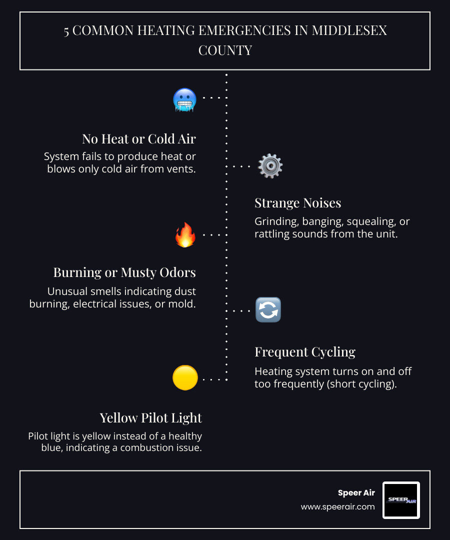 Infographic showing the 5 most common heating emergencies in Middlesex County: 1) No heat or cold air from vents, 2) Strange noises like grinding or banging, 3) Burning or musty odors, 4) Frequent on/off cycling, 5) Yellow pilot light instead of blue - emergency heating maintenance in middlesex county, nj infographic infographic-line-5-steps-dark Infographic showing the 5 most common heating emergencies in Middlesex County: 1) No heat or cold air from vents, 2) Strange noises like grinding or banging, 3) Burning or musty odors, 4) Frequent on/off cycling, 5) Yellow pilot light instead of blue - emergency heating maintenance in middlesex county, nj infographic infographic-line-5-steps-dark