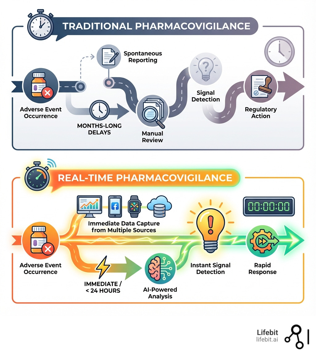 Infographic comparing traditional pharmacovigilance timeline (showing months-long delays from adverse event occurrence through spontaneous reporting, manual review, signal detection, to regulatory action) versus real-time pharmacovigilance (showing immediate data capture from multiple sources, AI-powered analysis, instant signal detection, and rapid response within 24 hours) - real-time pharmacovigilance infographic 