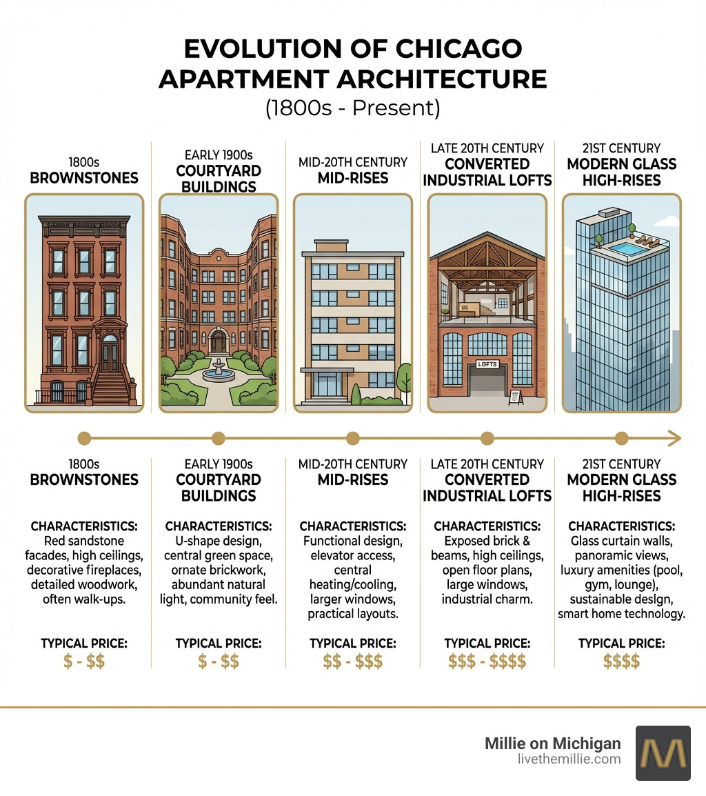 Infographic showing the evolution of Chicago apartment architecture from 1800s brownstones through courtyard buildings, mid-century mid-rises, converted industrial lofts, to modern glass high-rises with luxury amenities, featuring typical price ranges and defining characteristics for each era - chicago apartment buildings infographic 