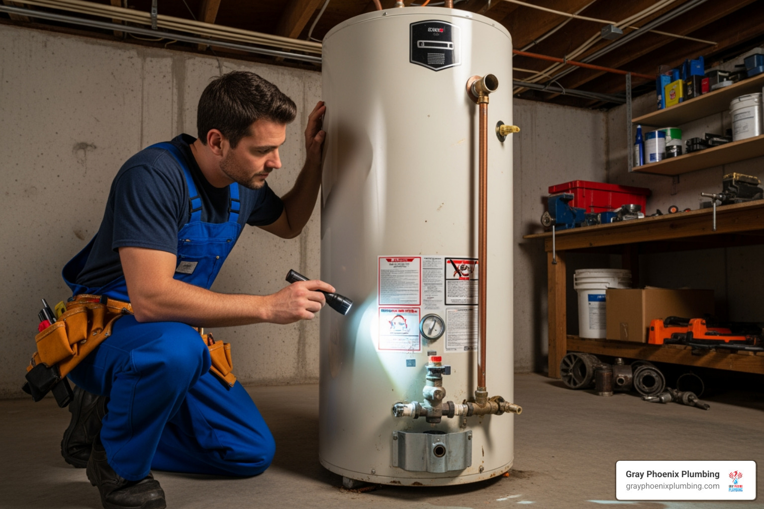 plumber inspecting a water heater in a basement - denver plumbing repair service plumber inspecting a water heater in a basement - denver plumbing repair service