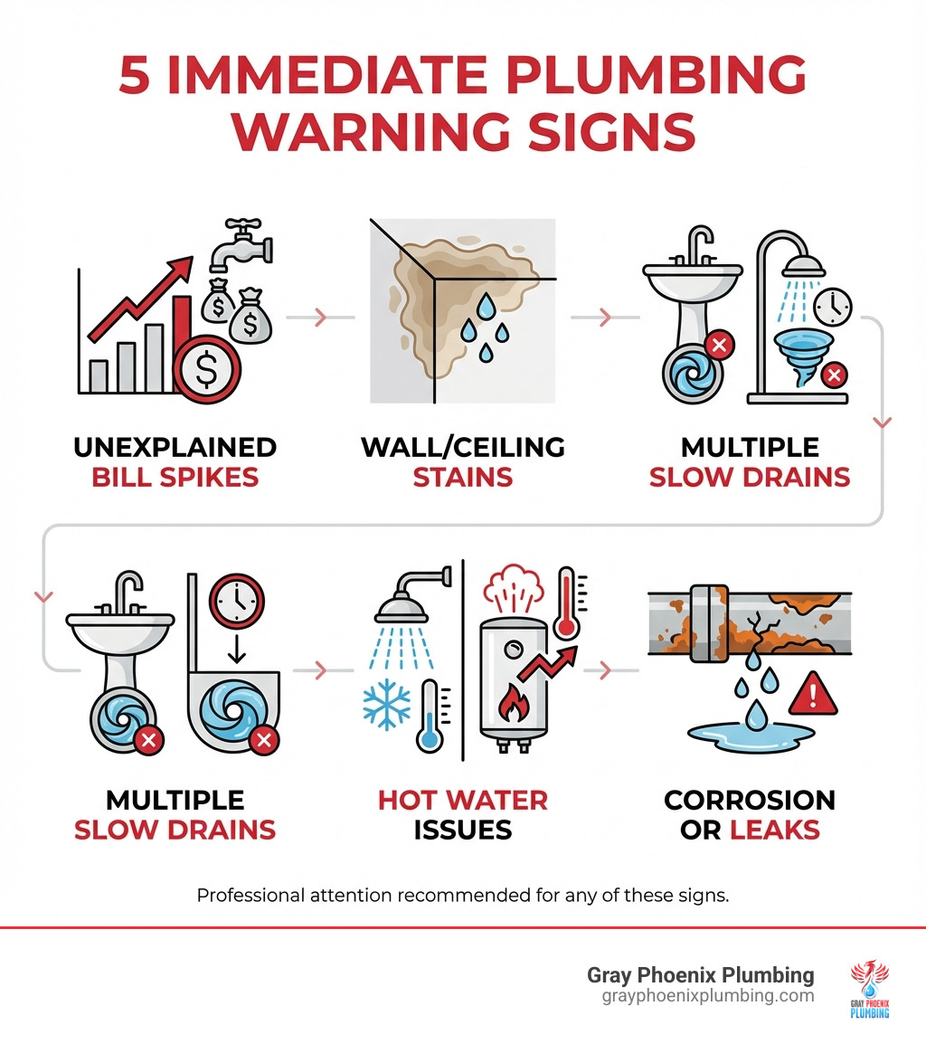 infographic showing five warning signs your plumbing needs immediate attention: unexplained water bill increases, water stains on walls or ceilings, multiple slow drains, no hot water or temperature fluctuations, and visible pipe corrosion or leaks - denver plumbing repair service infographic infographic showing five warning signs your plumbing needs immediate attention: unexplained water bill increases, water stains on walls or ceilings, multiple slow drains, no hot water or temperature fluctuations, and visible pipe corrosion or leaks - denver plumbing repair service infographic