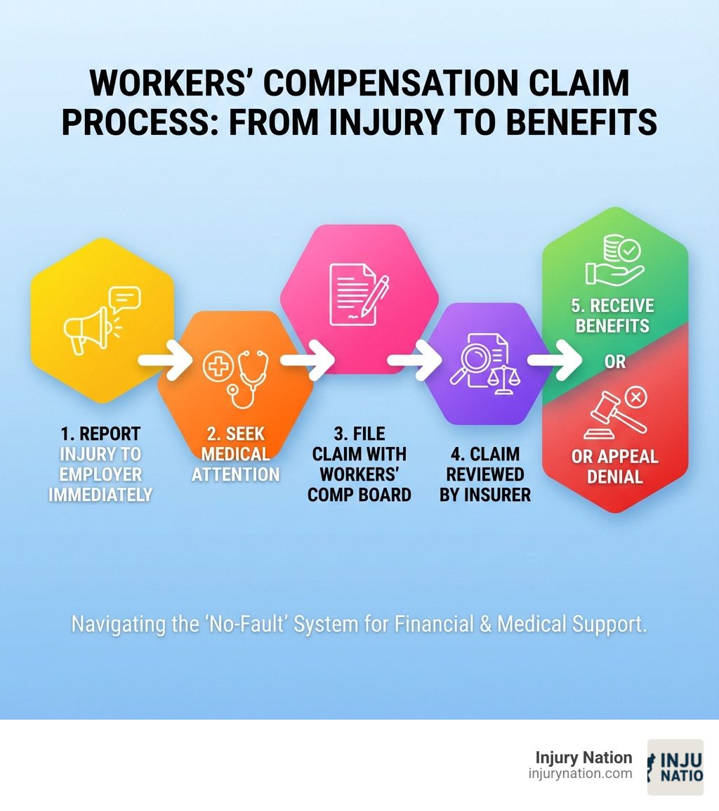 Infographic showing the basic steps from injury to benefits: 1. Report Injury to Employer Immediately, 2. Seek Medical Attention, 3. File Claim for Compensation with Workers' Comp Board, 4. Claim Reviewed by Insurer, 5. Receive Benefits or Appeal Denial - attorneys for workers comp claims infographic Infographic showing the basic steps from injury to benefits: 1. Report Injury to Employer Immediately, 2. Seek Medical Attention, 3. File Claim for Compensation with Workers' Comp Board, 4. Claim Reviewed by Insurer, 5. Receive Benefits or Appeal Denial - attorneys for workers comp claims infographic