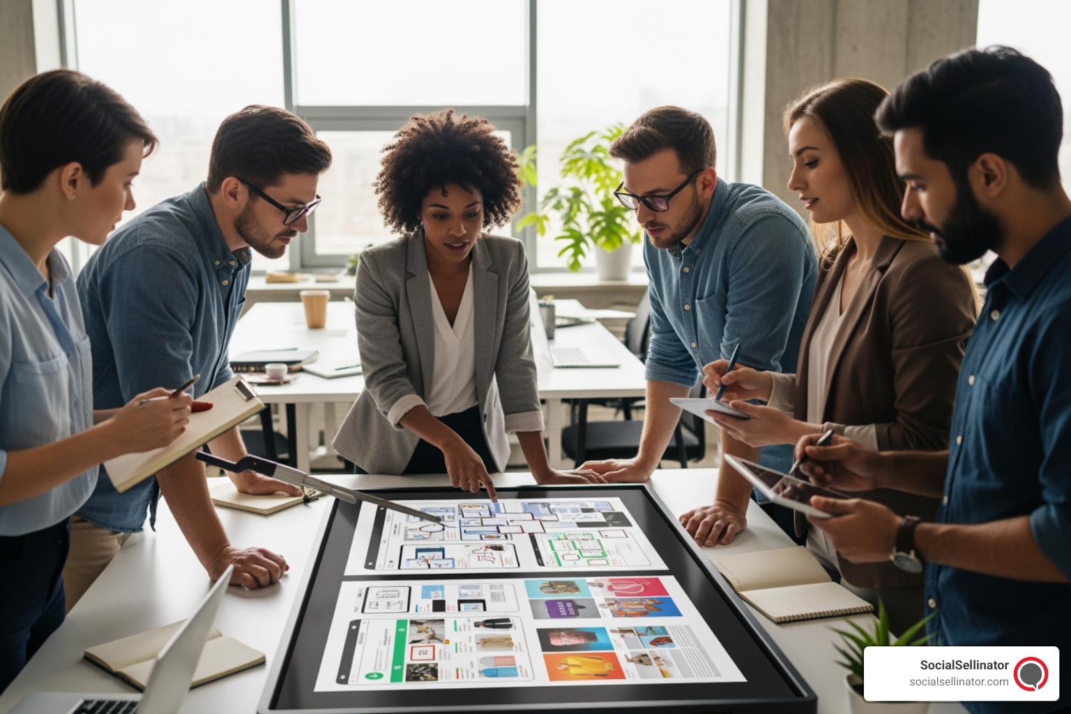 diverse team collaborating around a whiteboard with wireframes and design mockups - web design company oakville