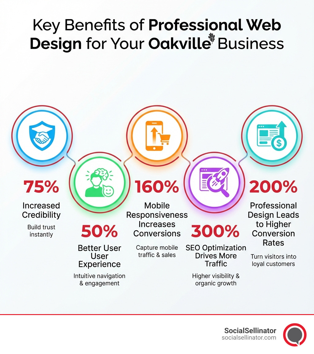 infographic showing key benefits of professional web design including 75% increased credibility, 50% better user experience, mobile responsiveness increasing conversions by 160%, SEO optimization driving 300% more traffic, and professional design leading to 200% higher conversion rates - web design company oakville infographic 