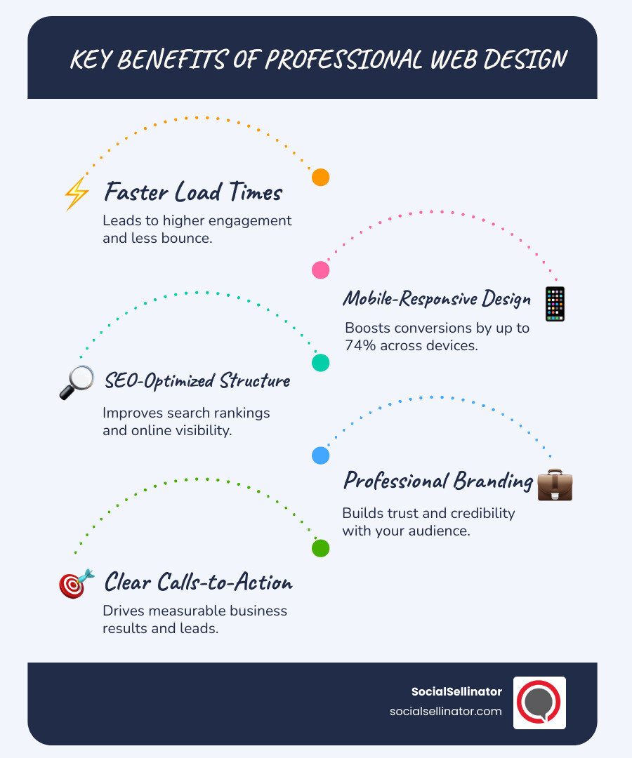 infographic showing the key benefits of professional web design including faster load times leading to higher engagement, mobile-responsive design increasing conversions by 74%, SEO-optimized structure improving search rankings, professional branding building trust and credibility, and clear calls-to-action driving measurable business results - web design agency hull infographic infographic-line-5-steps-blues-accent_colors