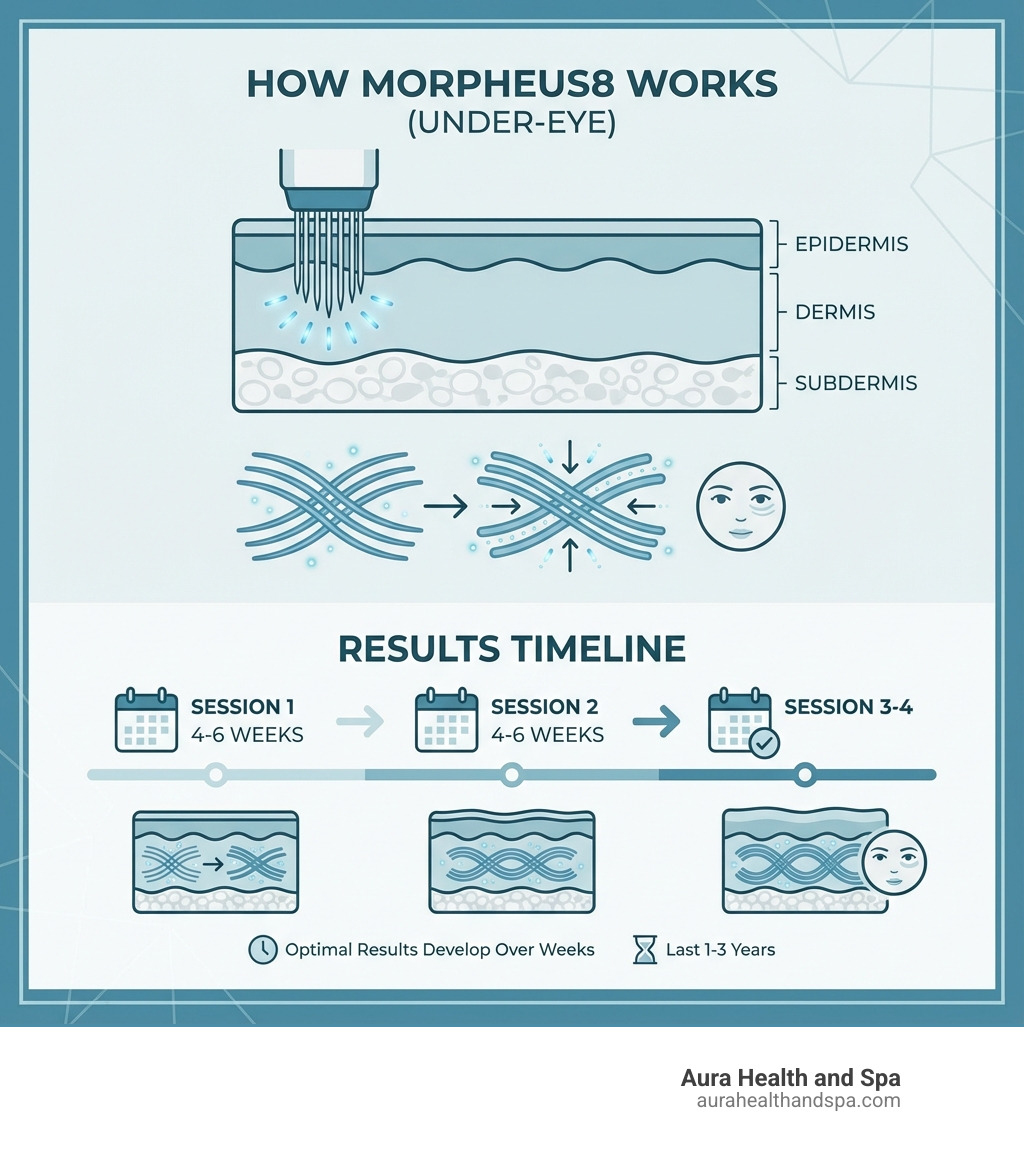 infographic showing how Morpheus8 works: microneedles penetrate the skin while radiofrequency energy heats deeper layers, stimulating collagen production in the dermis and subdermis, with a timeline showing results developing over 3-4 sessions spaced 4-6 weeks apart - morpheus8 under eyes cost infographic 