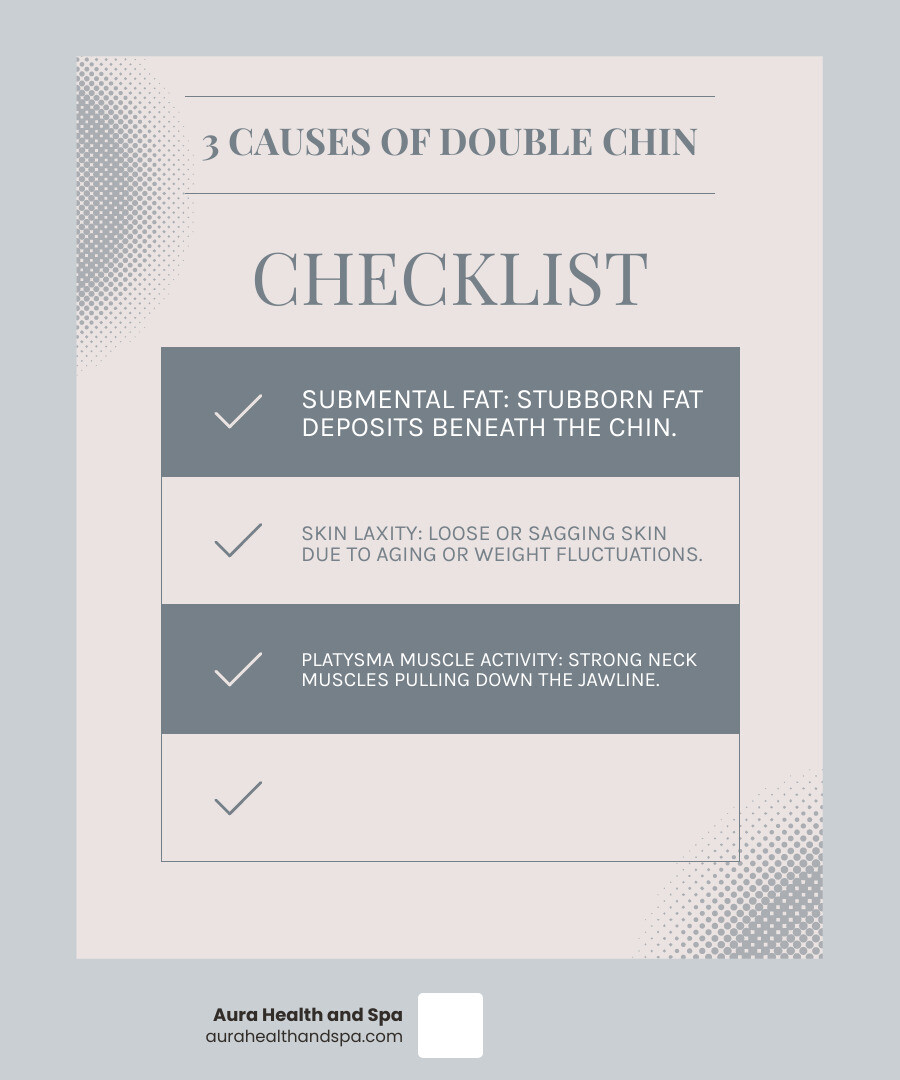 infographic showing three main causes of double chin: submental fat depicted as yellow adipose tissue under the chin, skin laxity shown as loose sagging skin, and platysma muscle activity illustrated with downward-pulling muscle bands along the neck - double chin botox infographic checklist-light-blue-grey