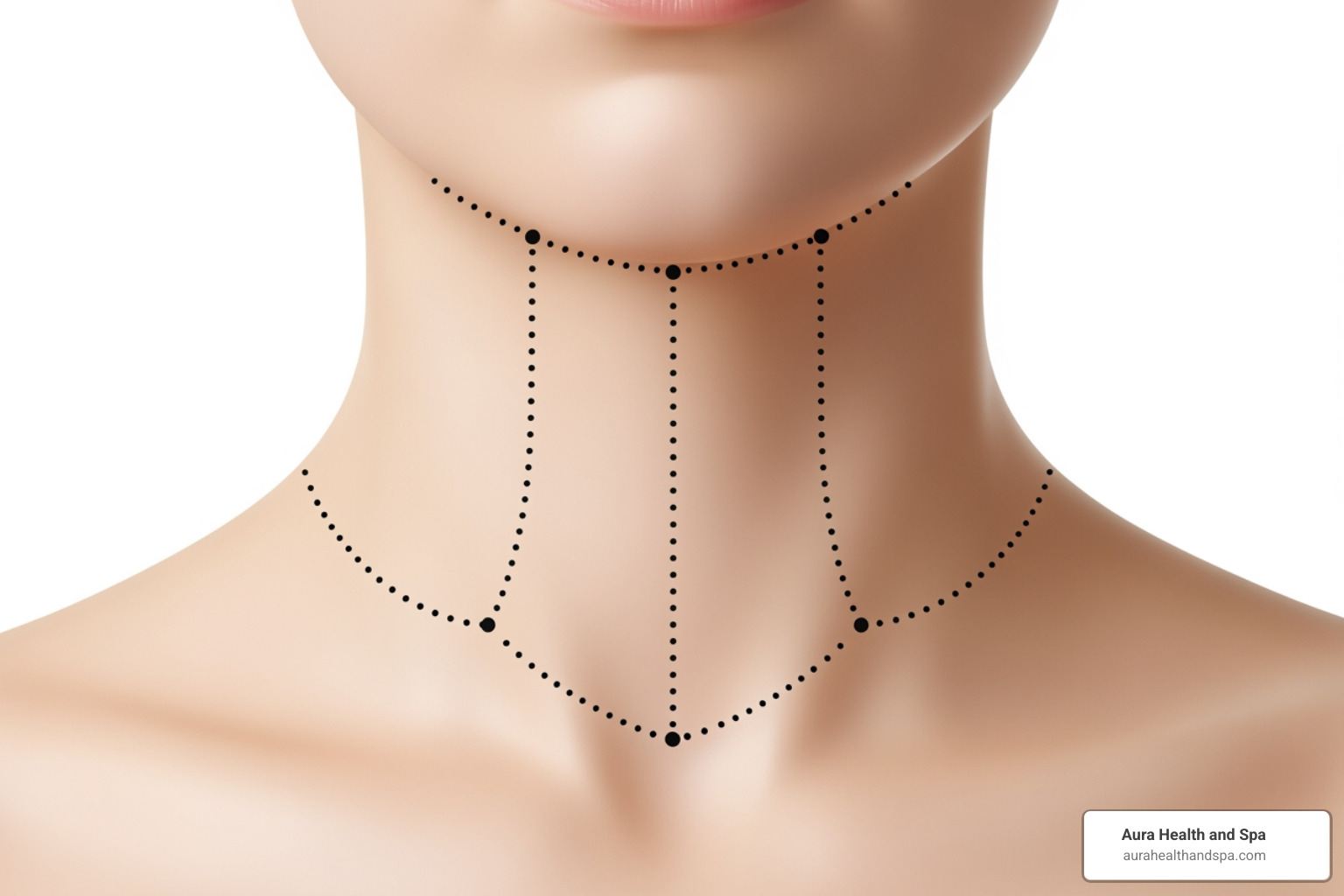 medically accurate injection points for a Nefertiti neck lift, with dots placed along the lower jawline and vertically down the platysmal bands on the neck - double chin botox