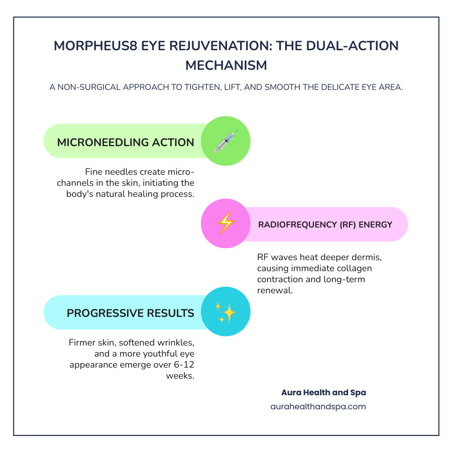 Detailed infographic showing Morpheus8's dual-action mechanism for eye rejuvenation: left side displays the microneedling component with fine needles creating micro-channels in the skin layers around the eye; right side shows radiofrequency energy waves heating the deeper dermis to stimulate collagen and elastin production; center section illustrates the before and after timeline with weeks 0-2-4 showing progressive improvement in skin tightness, wrinkle reduction, and overall eye area rejuvenation; includes anatomical cross-section of periorbital skin layers - morpheus8 before and after eyes infographic infographic-line-3-steps-colors