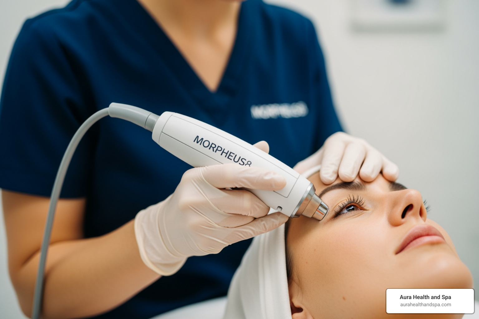 medically accurate Morpheus8 handpiece being applied by a licensed provider to the skin around the eye, demonstrating correct technique at Aura Health & Spa - morpheus8 before and after eyes