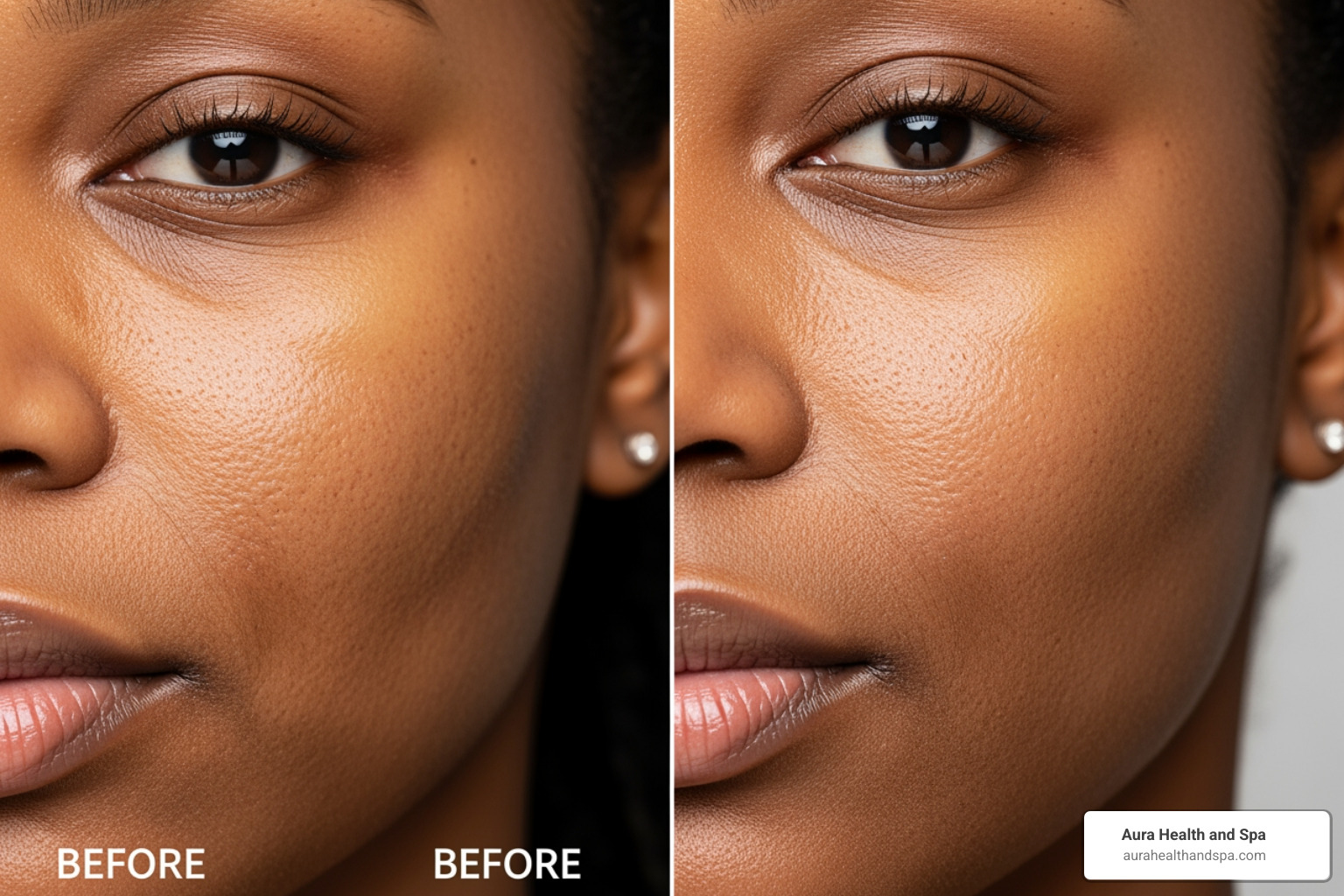 A hyper-realistic before-and-after comparison of a Black patient's cheek, showing significant improvement in acne scarring and skin texture after a series of Morpheus8 treatments. The 'after' image shows smoother skin with reduced scar depth and improved overall tone. - morpheus8 on black skin