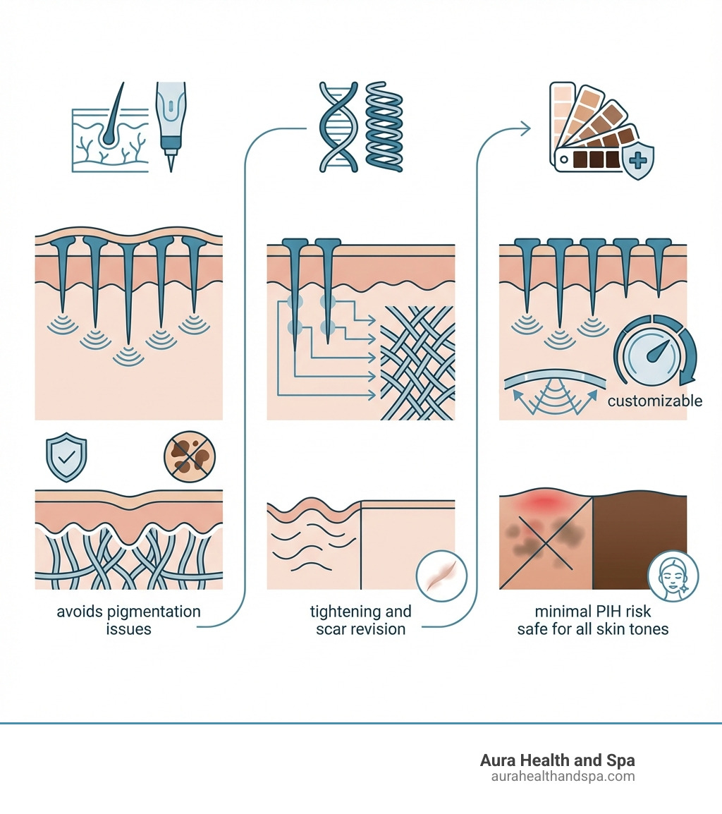 Infographic showing three key benefits of Morpheus8 for dark skin: 1. Deep Dermal Remodeling with coated microneedles bypassing the epidermis to avoid pigmentation issues, 2. Powerful Collagen Stimulation targeting multiple tissue depths for tightening and scar revision, 3. Safe for All Skin Tones with minimal Post-Inflammatory Hyperpigmentation risk through customizable RF energy settings - morpheus8 on black skin infographic 