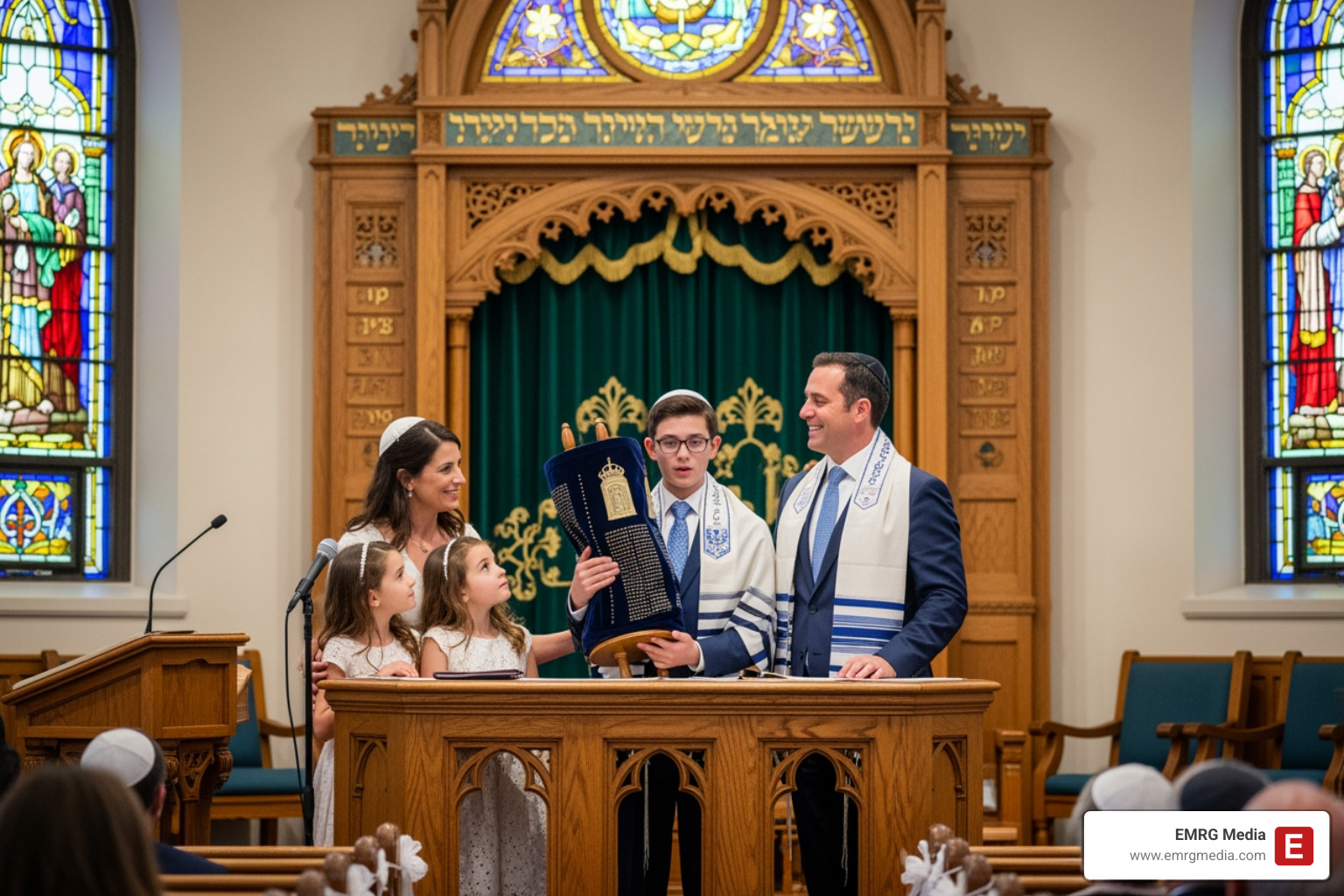 Family on the bimah surrounding the Bar Mitzvah boy - Bar Mitzvah photography NYC