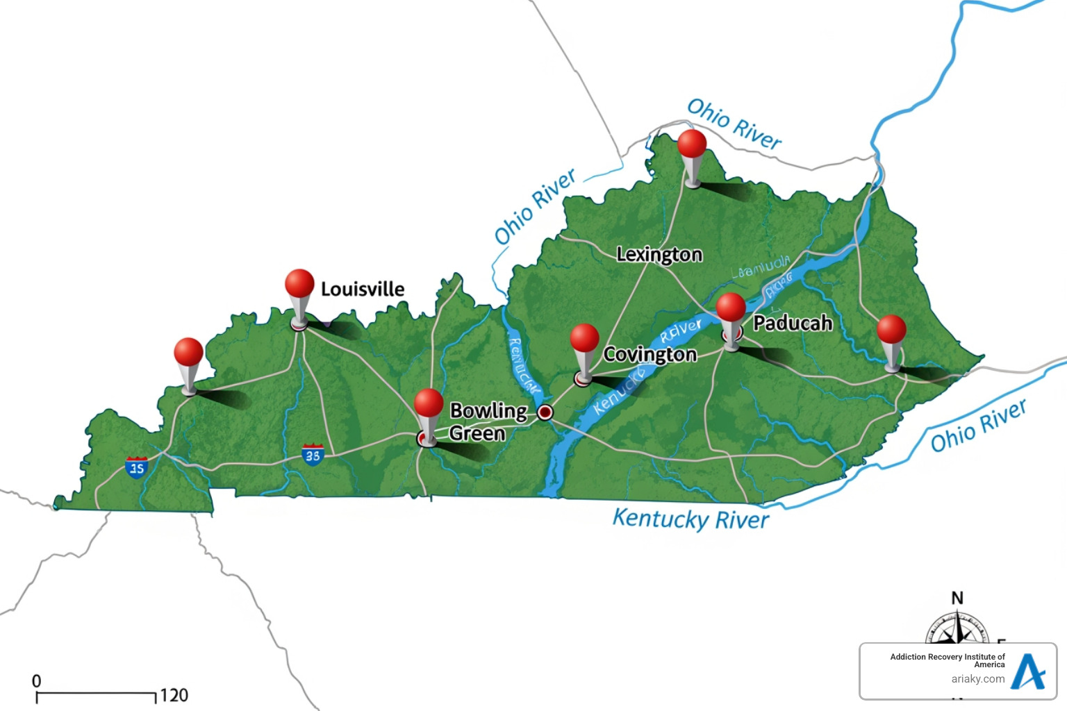 Map of Kentucky highlighting major cities with treatment resources - Kentucky addiction rehab Map of Kentucky highlighting major cities with treatment resources - Kentucky addiction rehab