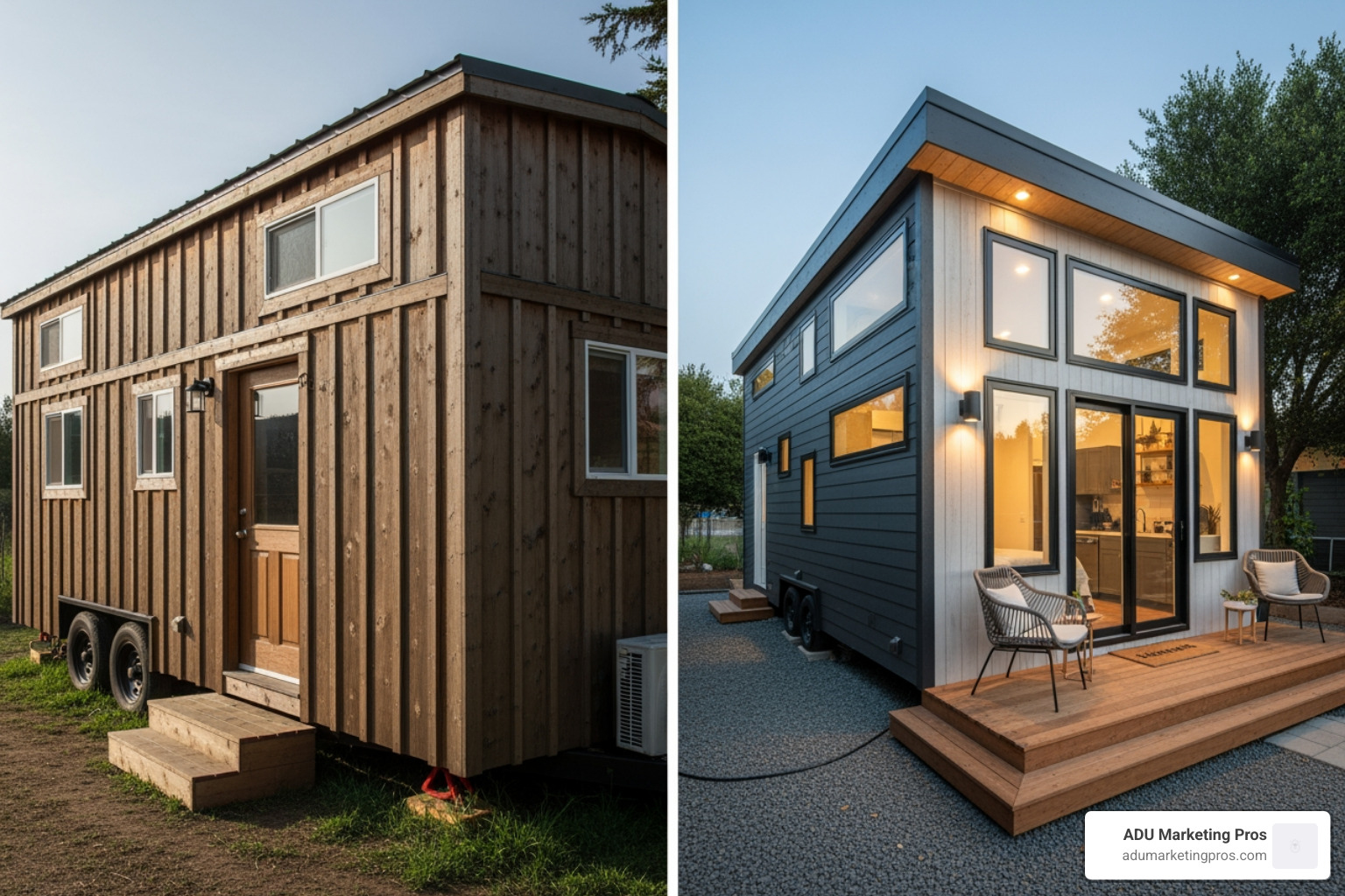 Split-screen showing an entry-level, rustic tiny house on one side and a premium, luxurious tiny house with high-end finishes and large windows on the other. - tiny house los angeles