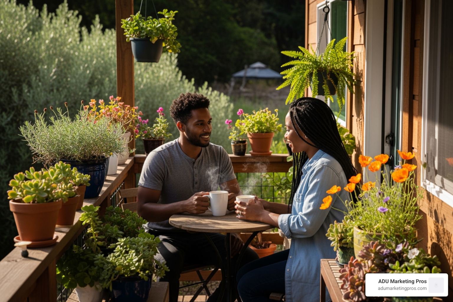 Diverse couple enjoying coffee on the small, well-decorated porch of their tiny house, surrounded by potted plants and California native greenery. - tiny house los angeles