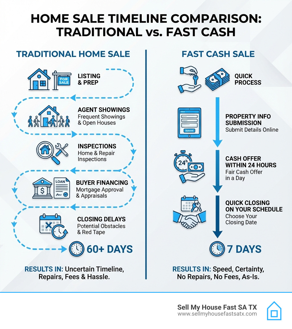 Infographic comparing traditional home sale timeline versus cash offer - sell my house fast near me