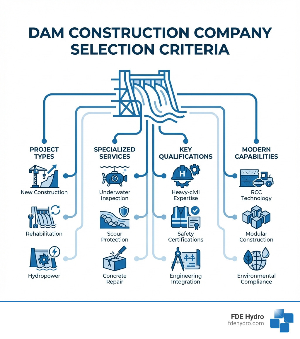 Infographic showing dam construction company selection criteria including: project types (new construction, rehabilitation, hydropower), specialized services (underwater inspection, scour protection, concrete repair), key qualifications (heavy-civil expertise, safety certifications, engineering integration), and modern capabilities (RCC technology, modular construction, environmental compliance) - Dam construction companies infographic 