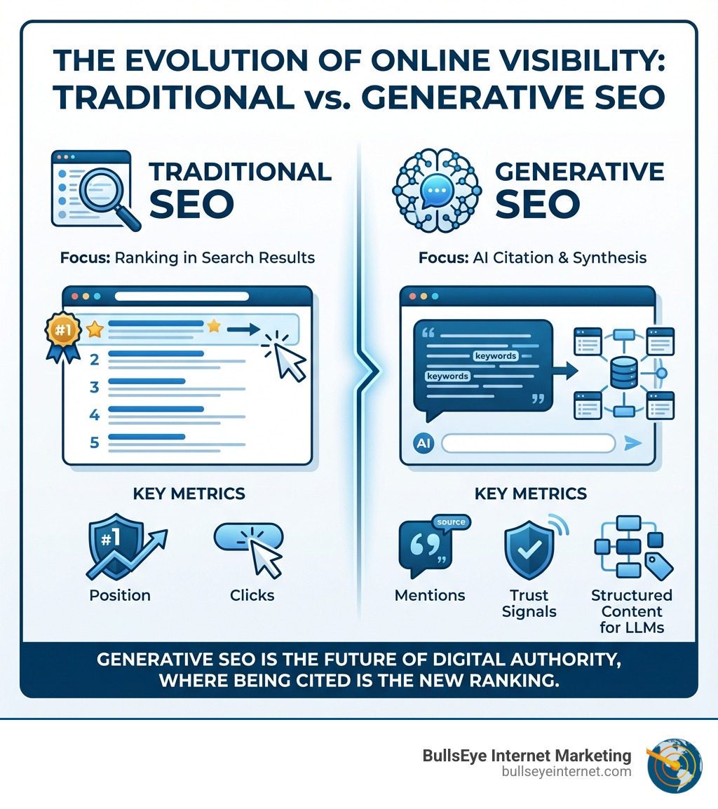 Infographic comparing Traditional SEO and Generative SEO side by side, showing Traditional SEO focused on ranking in search results with metrics like position and metrics like position and clicks, versus Generative SEO focused on AI citation with metrics like mentions, trust signals, and structured content optimized for LLMs - Generative SEO techniques infographic Comparison graphic: Traditional SEO vs. Generative SEO, illustrating ranking focus versus AI citation and synthesis