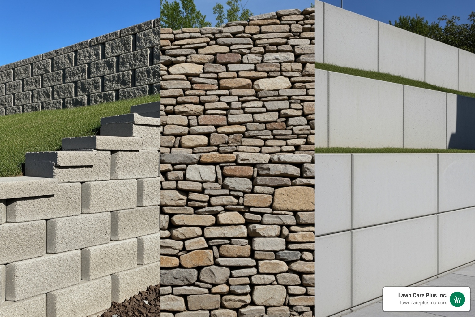 showcasing a collage of different retaining wall materials like modular blocks, natural stone, and concrete. - retaining wall companies