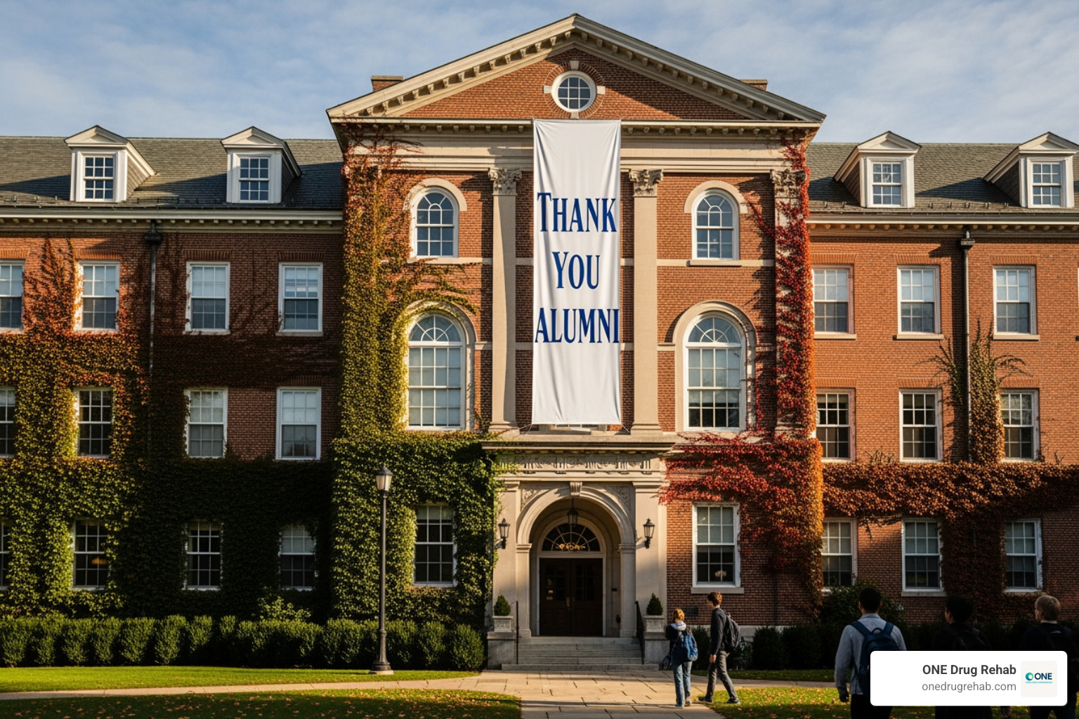 university building with a thank you alumni banner - alumni support programs