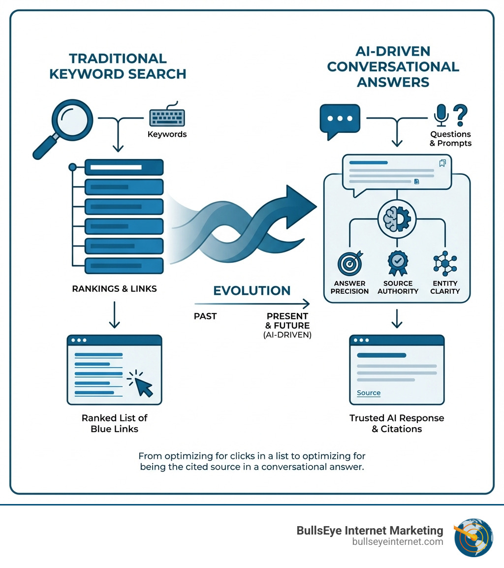 Diagram illustrating the evolution from traditional keyword search to AI-driven conversational answers, highlighting rankings, links, answer precision, source authority, and entity clarity, with branding for Bullseye Internet Marketing.