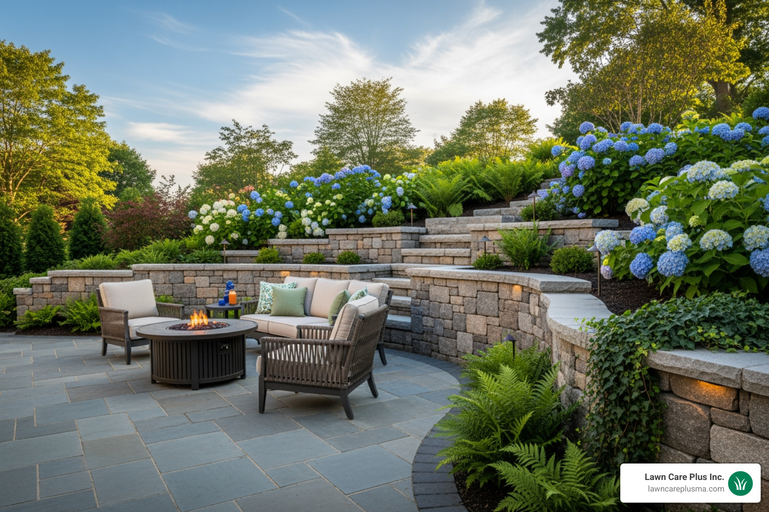 retaining wall creating a level patio space on a sloped property. - retaining wall companies