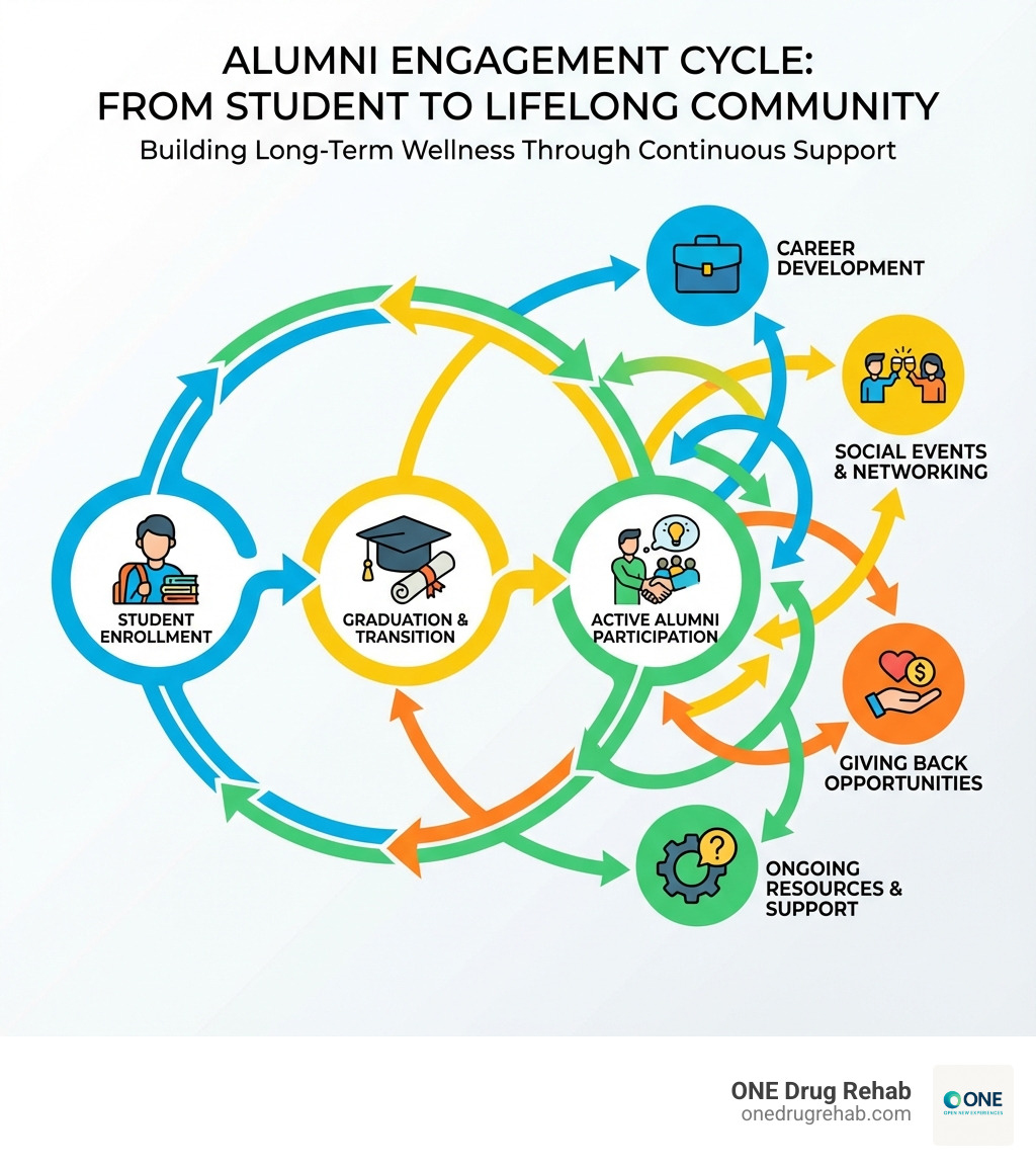infographic showing the alumni engagement cycle from student enrollment through graduation to active alumni participation with arrows indicating ongoing support resources career development social events and giving back opportunities - alumni support programs infographic 
