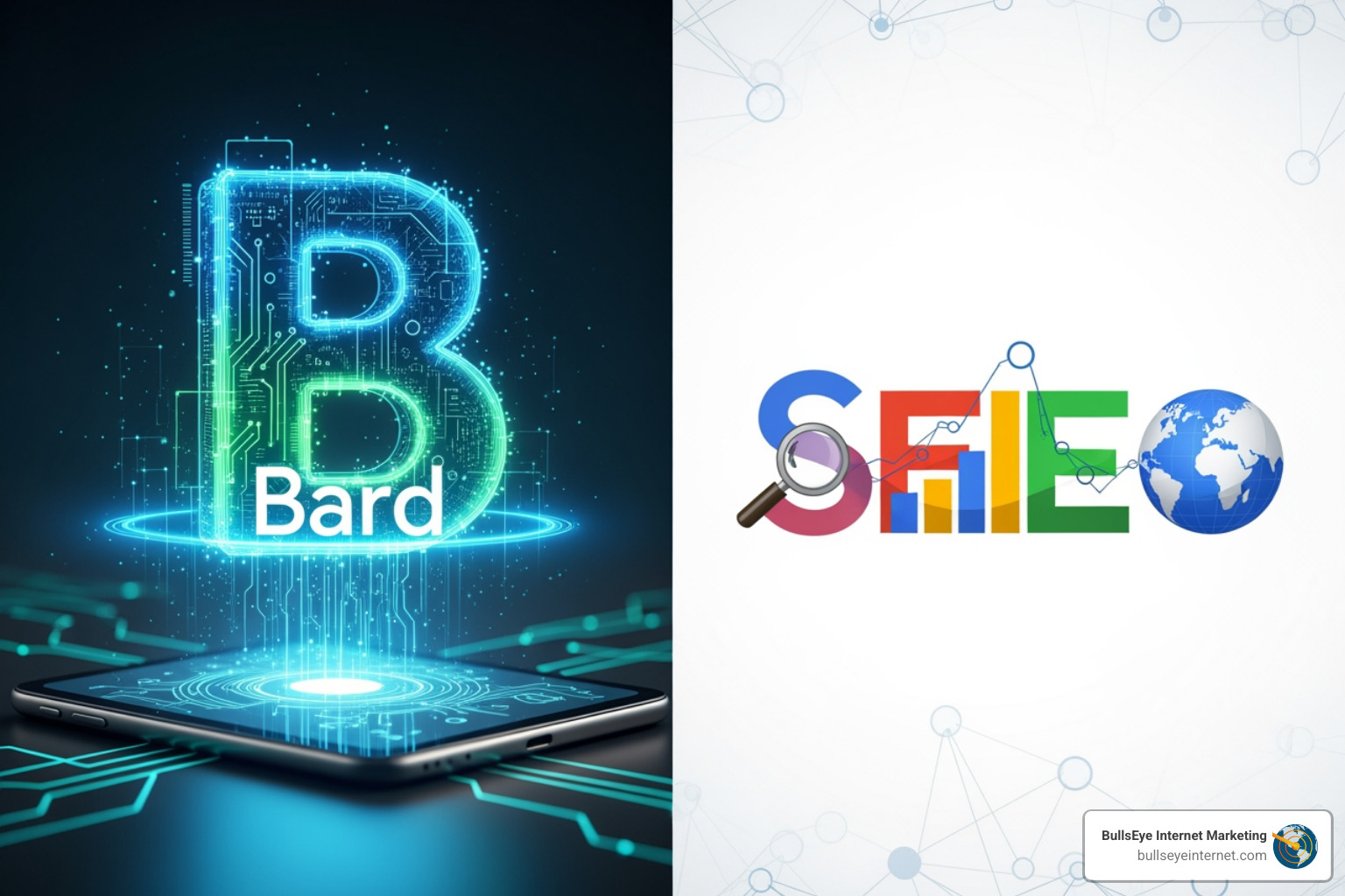 Bard logo with digital circuitry and SEO graphic featuring globe and magnifying glass, representing AI-driven content optimization strategies for SEO.