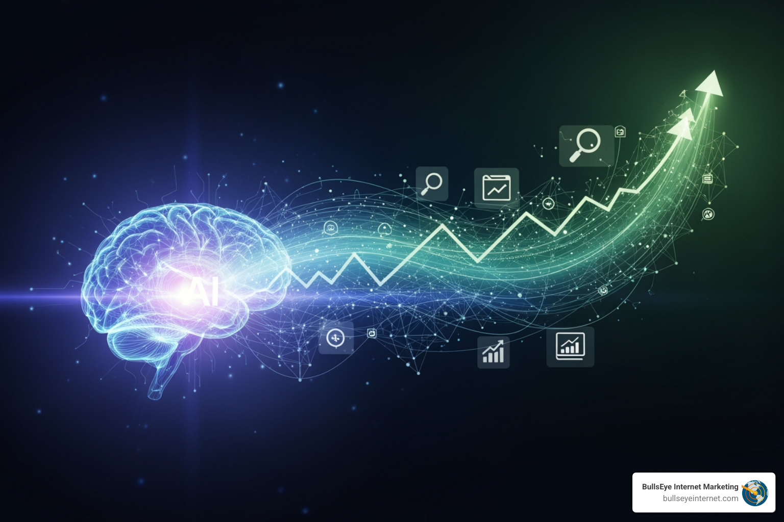 AI brain illustration with upward trend graph and digital marketing icons, representing Google Bard SEO strategies and AI search optimization services by Bullseye Internet Marketing.
