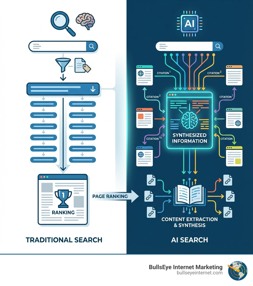 Infographic showing the differences between traditional search results with blue links and rankings versus AI-generated answers with synthesized information and multiple source citations, highlighting how AI search focuses on content extraction rather than page ranking - AI search optimization infographic 