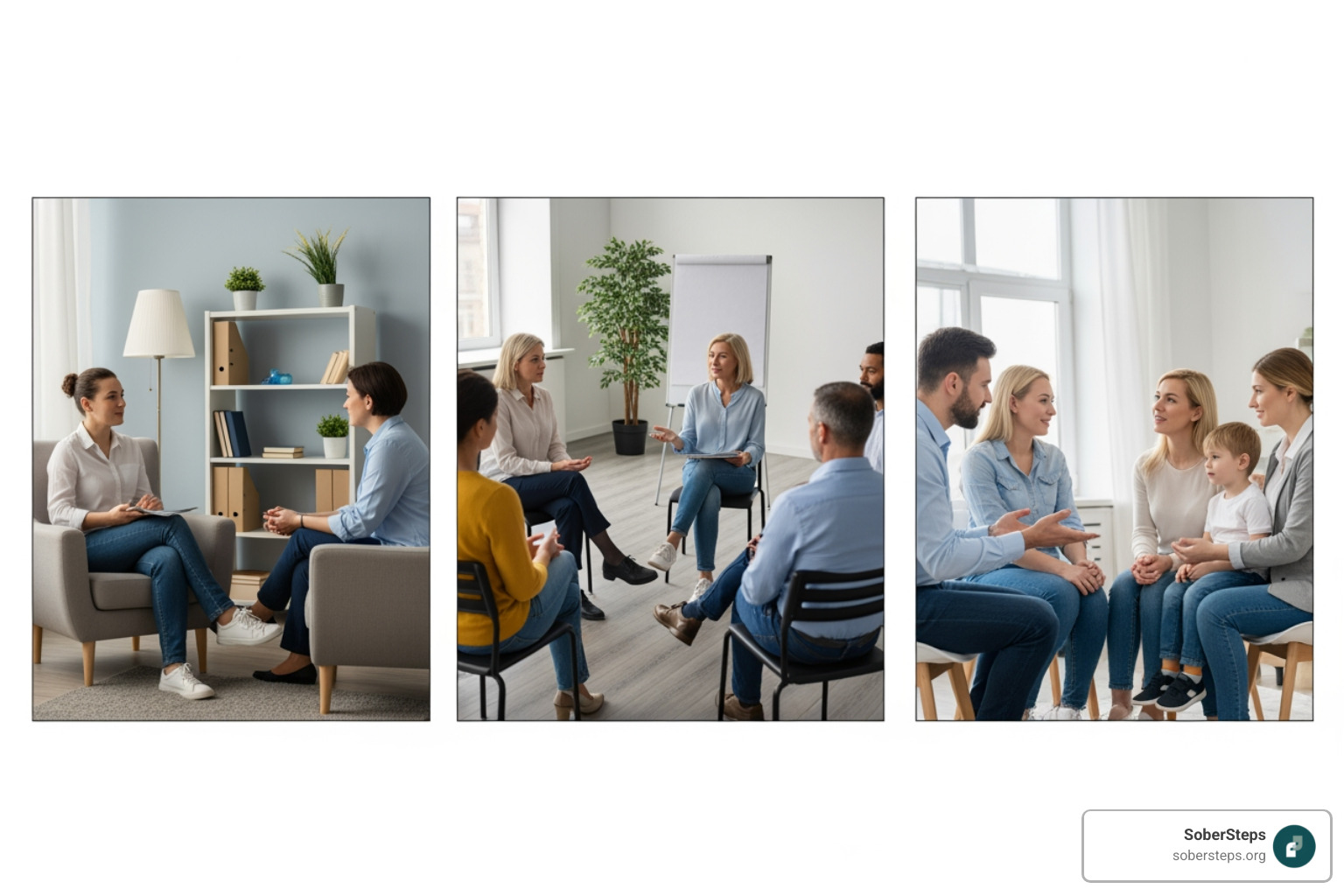 Different therapy settings including an individual therapy session, a group therapy session, and a family therapy session - Therapy 