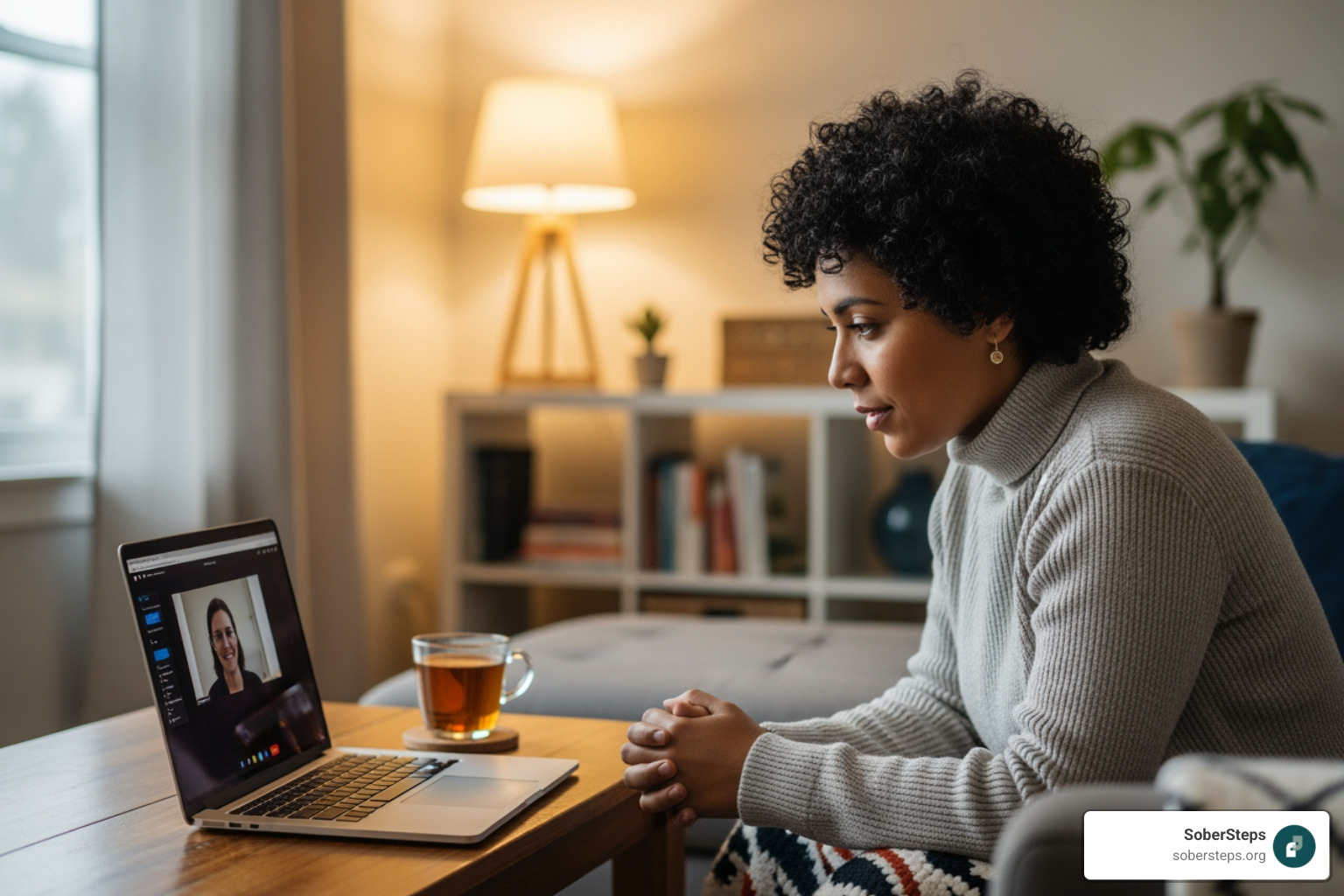 person using a laptop for a video therapy session - confidential mental health support
