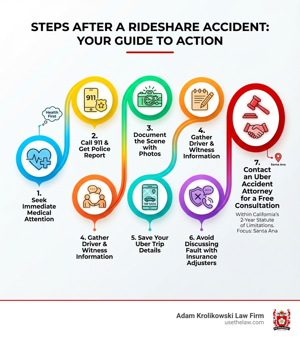 Infographic showing the step-by-step process after a rideshare accident: 1) Seek immediate medical attention, 2) Call 911 and get a police report, 3) Document the scene with photos, 4) Gather driver and witness information, 5) Save your Uber trip details, 6) Avoid discussing fault with insurance adjusters, 7) Contact an Uber accident attorney for a free consultation within California's 2-year statute of limitations - Uber accident attorney Santa Ana infographic Infographic showing the step-by-step process after a rideshare accident: 1) Seek immediate medical attention, 2) Call 911 and get a police report, 3) Document the scene with photos, 4) Gather driver and witness information, 5) Save your Uber trip details, 6) Avoid discussing fault with insurance adjusters, 7) Contact an Uber accident attorney for a free consultation within California's 2-year statute of limitations - Uber accident attorney Santa Ana infographic