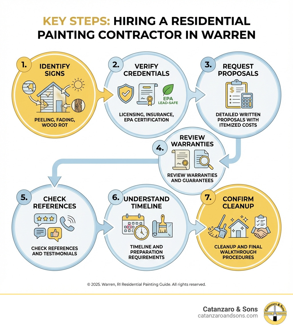 Infographic showing the key steps to hiring a residential painting contractor in Warren: 1. Identify signs your home needs repainting (peeling, fading, wood rot), 2. Verify contractor credentials (licensing, insurance, EPA Lead-Safe certification), 3. Request detailed written proposals with itemized costs, 4. Review warranties and guarantees, 5. Check references and testimonials, 6. Understand timeline and preparation requirements, 7. Confirm cleanup and final walkthrough procedures - residential painting contractors warren infographic Infographic showing the key steps to hiring a residential painting contractor in Warren: 1. Identify signs your home needs repainting (peeling, fading, wood rot), 2. Verify contractor credentials (licensing, insurance, EPA Lead-Safe certification), 3. Request detailed written proposals with itemized costs, 4. Review warranties and guarantees, 5. Check references and testimonials, 6. Understand timeline and preparation requirements, 7. Confirm cleanup and final walkthrough procedures - residential painting contractors warren infographic
