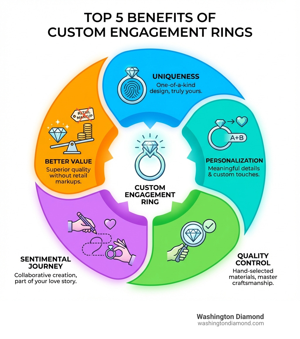 infographic showing the top 5 benefits of custom engagement rings: uniqueness with one-of-a-kind design, personalization with meaningful details, quality control through hand-selected materials, better value without retail markups, and sentimental journey through collaborative creation process - custom engagement rings infographic 