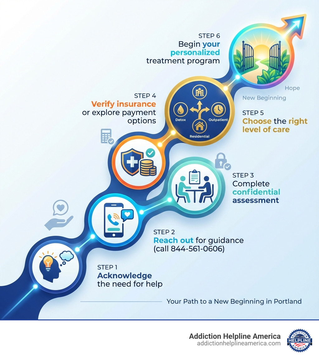 Infographic showing the journey from acknowledging addiction to entering treatment: Step 1 - Acknowledge the need for help, Step 2 - Reach out for guidance (call 844-561-0606), Step 3 - Complete confidential assessment, Step 4 - Verify insurance or explore payment options, Step 5 - Choose the right level of care (detox, residential, outpatient), Step 6 - Begin your personalized treatment program - rehab Portland Oregon infographic 