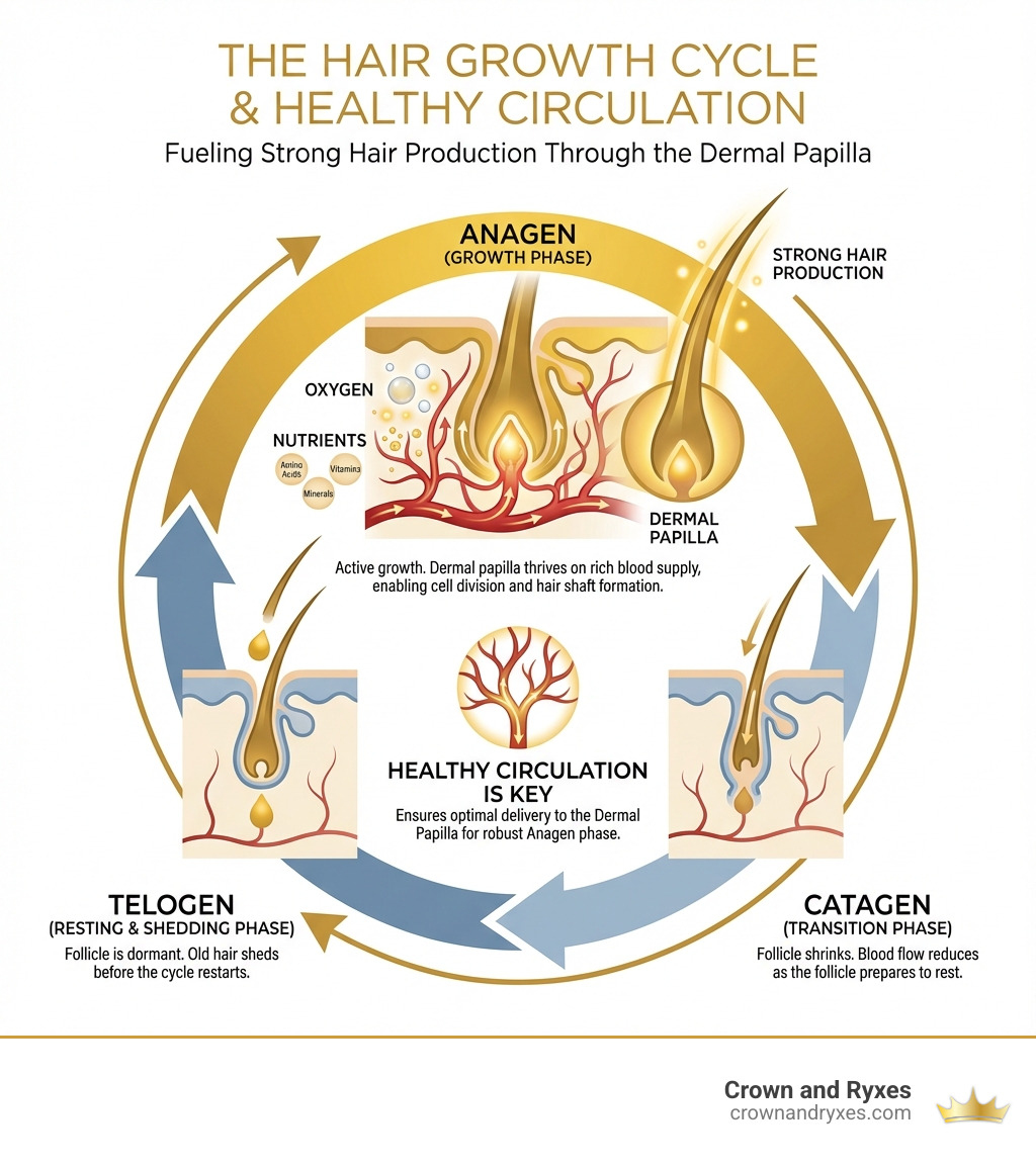 infographic showing the hair growth cycle with emphasis on how blood vessels deliver oxygen and nutrients to the dermal papilla during the anagen phase, illustrating the connection between healthy circulation and strong hair production - poor circulation scalp infographic 