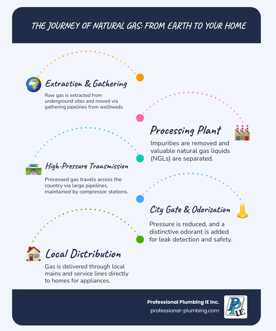 Infographic showing the complete journey of natural gas from underground extraction site through gathering pipelines to processing plant, then via high-pressure transmission pipeline with compressor stations, through a city gate station where pressure is reduced and odorant is added, finally through distribution mains and service lines to residential homes with appliances like water heaters, furnaces, and stoves - gas pipeline infographic infographic-line-5-steps-blues-accent_colors Infographic showing the complete journey of natural gas from underground extraction site through gathering pipelines to processing plant, then via high-pressure transmission pipeline with compressor stations, through a city gate station where pressure is reduced and odorant is added, finally through distribution mains and service lines to residential homes with appliances like water heaters, furnaces, and stoves - gas pipeline infographic infographic-line-5-steps-blues-accent_colors
