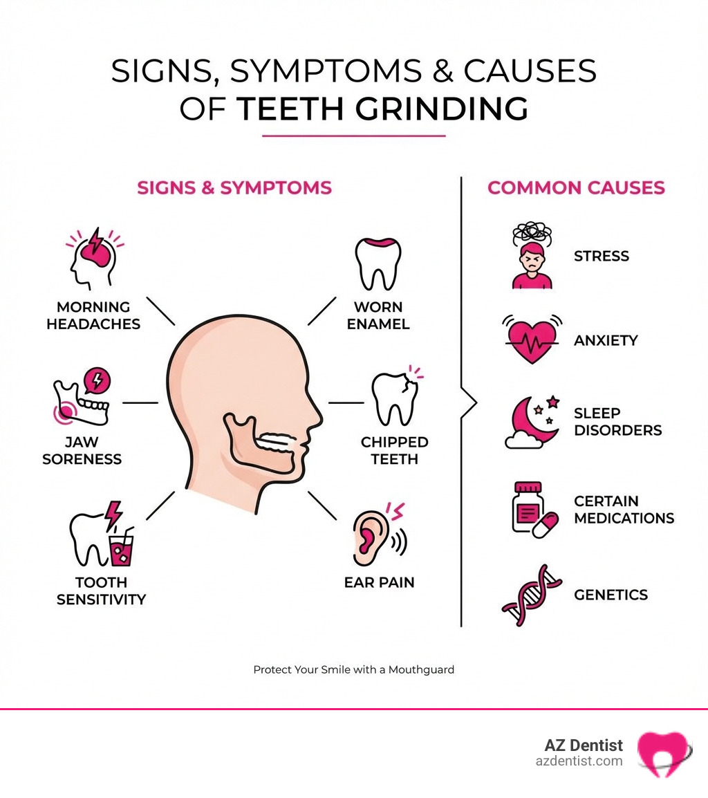 Infographic showing the signs and symptoms of teeth grinding including morning headaches, jaw soreness, tooth sensitivity, worn enamel, chipped teeth, and ear pain, along with common causes such as stress, anxiety, sleep disorders, certain medications, and genetics - mouthguards for teeth grinding infographic Infographic showing the signs and symptoms of teeth grinding including morning headaches, jaw soreness, tooth sensitivity, worn enamel, chipped teeth, and ear pain, along with common causes such as stress, anxiety, sleep disorders, certain medications, and genetics - mouthguards for teeth grinding infographic