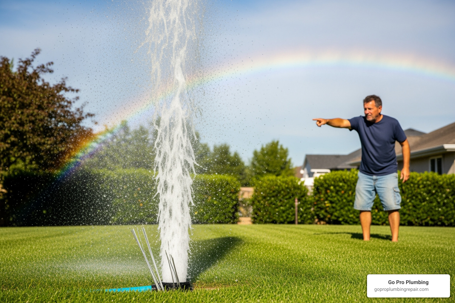 homeowner pointing to geyser-like spray from broken sprinkler line - fix irrigation line