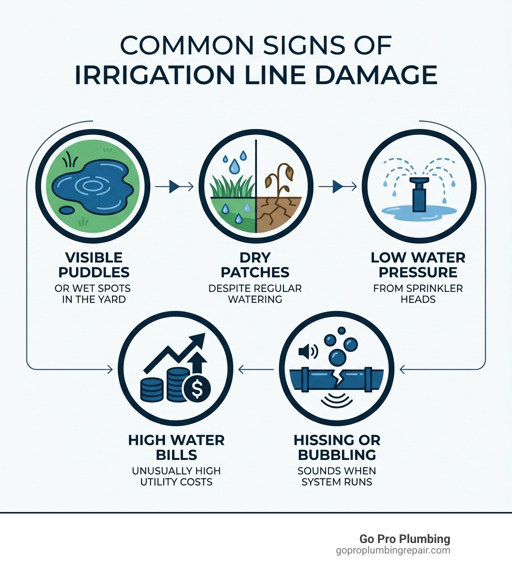 Infographic showing common signs of irrigation line damage: visible puddles or wet spots in the yard, dry patches of grass despite regular watering, low water pressure from sprinkler heads, unusually high water bills, and hissing or bubbling sounds when the system runs - fix irrigation line infographic 